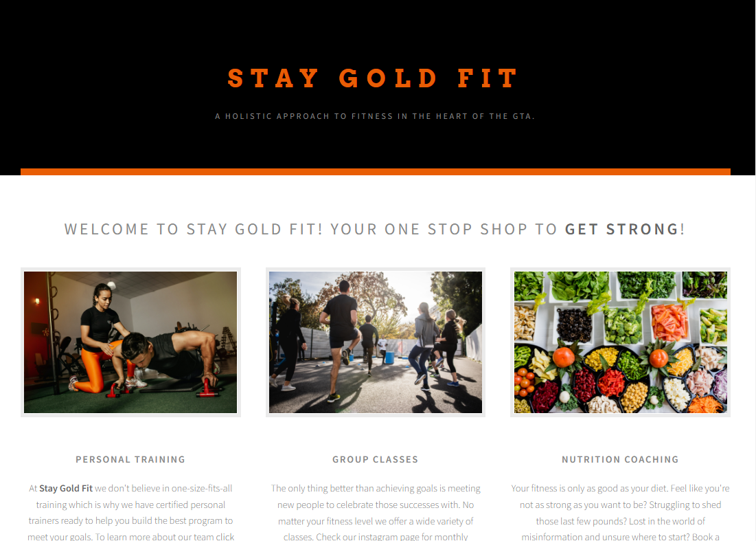 Screenshot of Stay Gold Fit, website for a fitness club